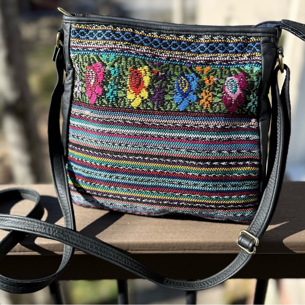Vtg R. J. Sebastian Black Leather Crossbody with Handwoven Fabric From Guatemala